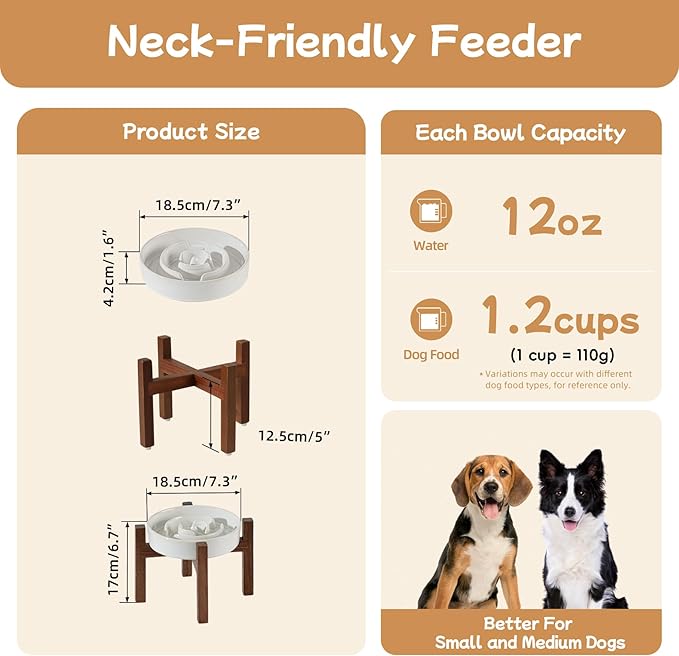 Ceramic 1.2 Cup Raised Slow Feeder Dog Bowl Set, Elevated Acacia Wood Stand for Medium and Small Dog, 7.3inch Slow Dish, Stop Bloat(Single Bowl+ Stand, Reactived Glaze -White)