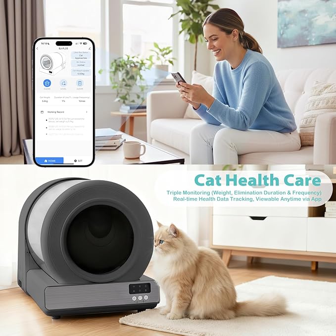 Stainless Steel Self-Cleaning Cat Litter Box, Smart APP Control Automatic Litter Box with Safety Sensors, Odor Control, Low-Entry, Large Capacity Design for Multiple Cats (Grey)
