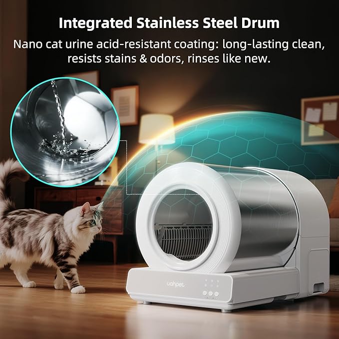 uahpet Stainless Steel Automatic Litter Box, Self Cleaning Cat Litter Box with APP Control, Multi-Cat Recognition, Lower Entry, Multi-Safety Sensors, Easy to Install and Clean