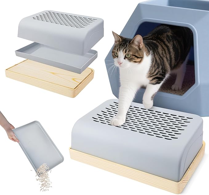 Cat Ramp for Litter Box with Wooden Base, Catcan Litter Box Step with Filter Function Double Layered Self-Cleaning Cat Litter Trapper for Small & Elderly Cats