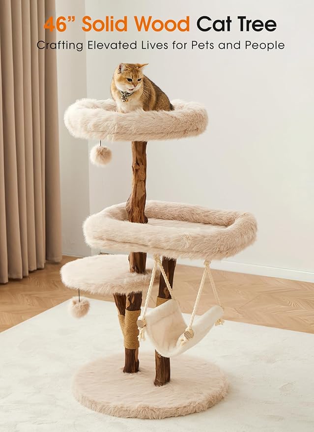 Letkind Modern Cat Tree Tower for Large Indoor Cats, Perches-Natural Solid Wood Cat Tower with Sisal Scratching Post, Perches, Hammock & PlayBalls, Aesthetic Boho Cat Furniture