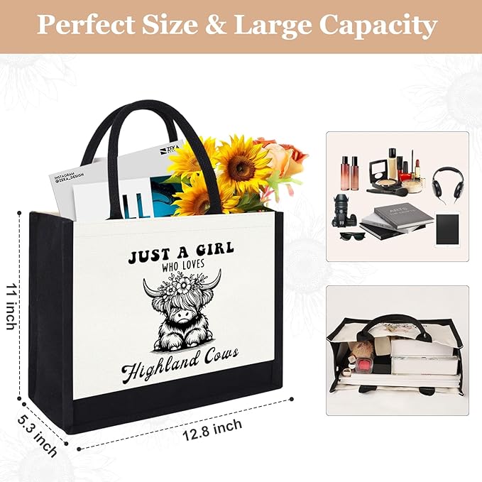 Canvas Tote Bag for Women, Cute Highland Cow Gifts for Cow Lover, Western Gift for Women Aesthetic Tote Bag Reusable Bag, Birthday Christmas Gift for Daughter Friends Sisters Who Loves Highland Cows