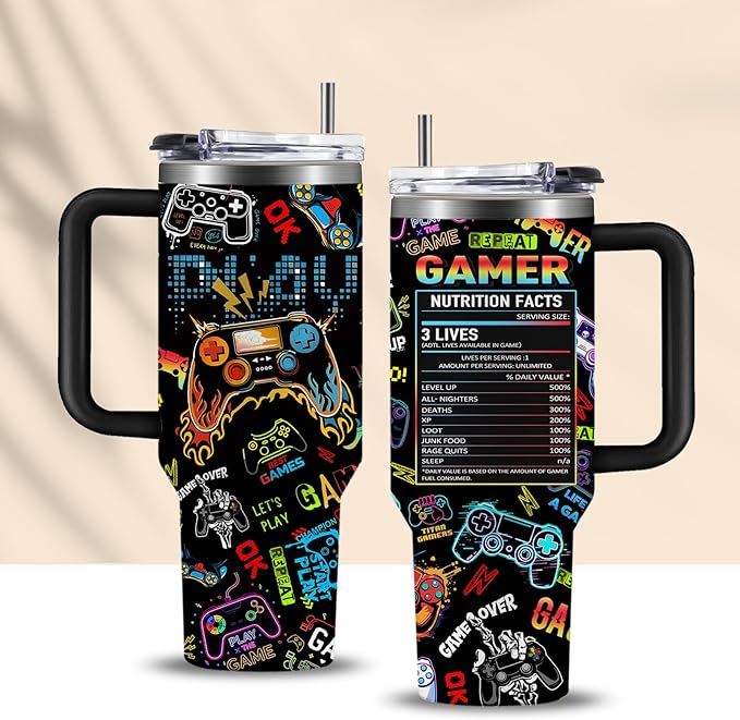 Gifts for Teen Boys & Gamers - 30oz Gamer Tumbler with Handle, Insulated Water Bottle Cup for Men, Leak Proof Birthday Christmas Gift