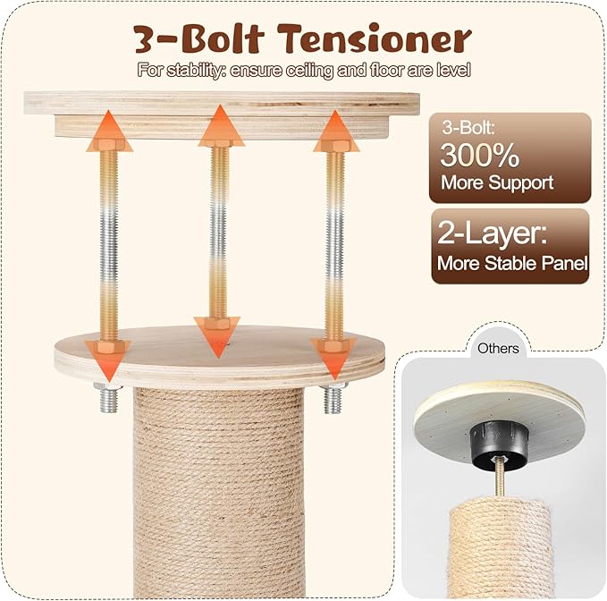 Tinnmao Solid Real Wood Floor to Ceiling Cat Tree, 5 Level Adjustable Height (75"-91"), Modern Climbing Tower with Thickened Wooden Sisal Scratching Posts & Cozy Bed for Indoor Cats Large Adult