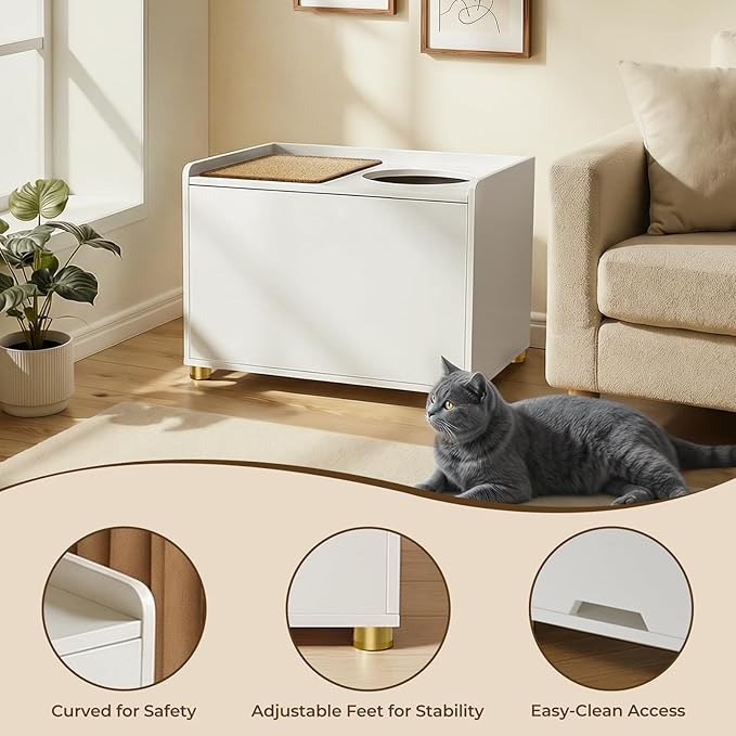 Top Entry Litter Box Enclosure, Flip Top Cat Litter Box Furniture with Scratch Mat, Stylish Hidden Cat Washroom for Large Cats (White)