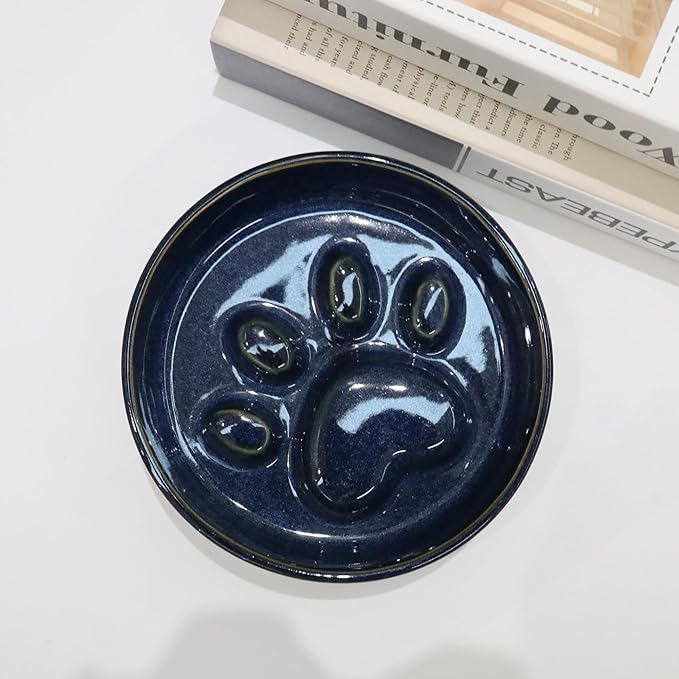Ceramic Slow Feeder Bowl, 6.69 x 5.7 inches, Elevated Design with Paw Pattern, for Cats and Small Dogs (Dark Blue)