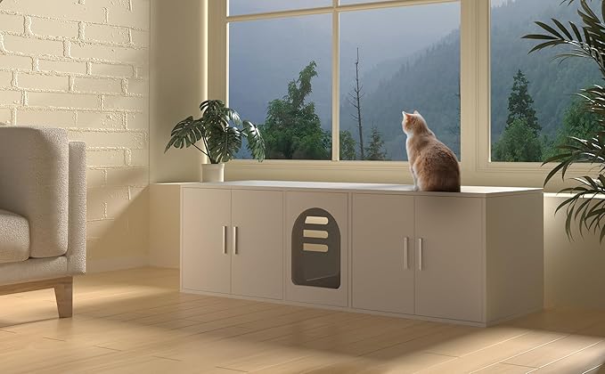 Double Litter Box Enclosure with Cat Scratch Mat & Motion Sensor Light, Wooden Litter Box TV Stand for 2 Litter Boxes & 2 Cats (White)