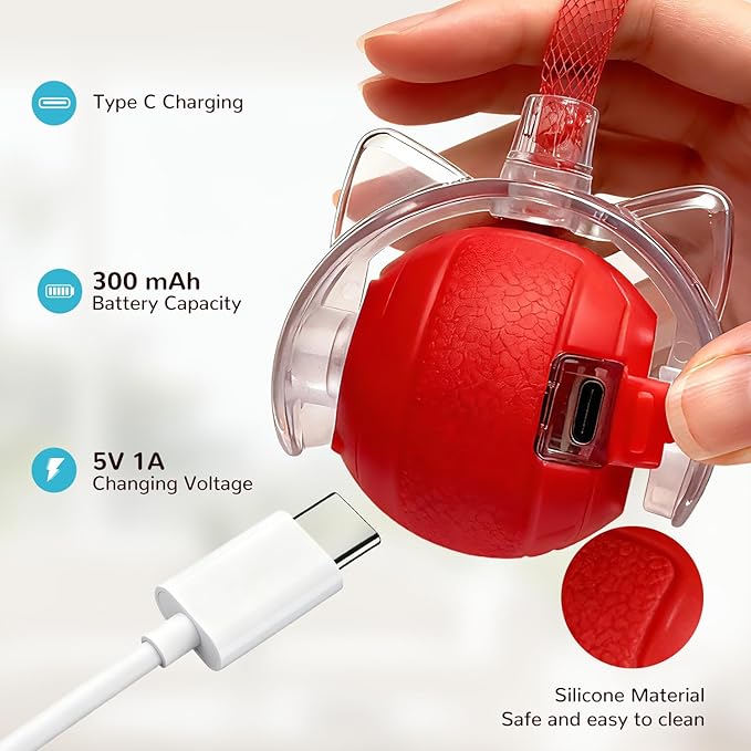 Interactive Cat Toy for Indoor Cats, Automatic Cat Ball Toy with Smart Obstacle Avoidance, 5 Sounds, 2 Tails, Rechargeable Moving Cat Toy for Bored Cats (Red)