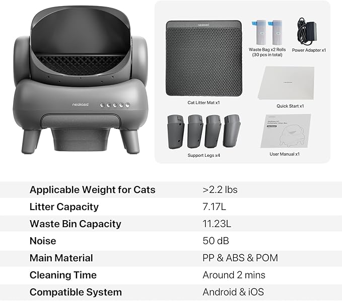 Neakasa M1 Open-Top Self Cleaning Cat Litter Box + Replaced Waste Bags-2 Rolls, Automatic Cat Litter Box with APP Control, Odor-Free Waste Disposal Includes Trash Bags