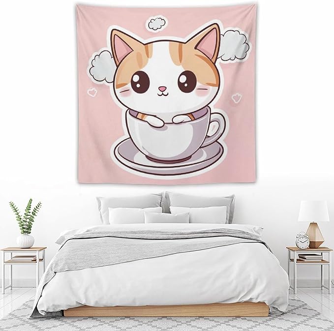 MaSiledy Kawaii Cat Wall Tapestries Animal Adorable Cat Tapestries for Bedroom Aesthetic Landscape Tapestry Wall Decor for Bedroom Living Room Dorm 60"x60" Tapestries for Bedroom Living Room Dorm