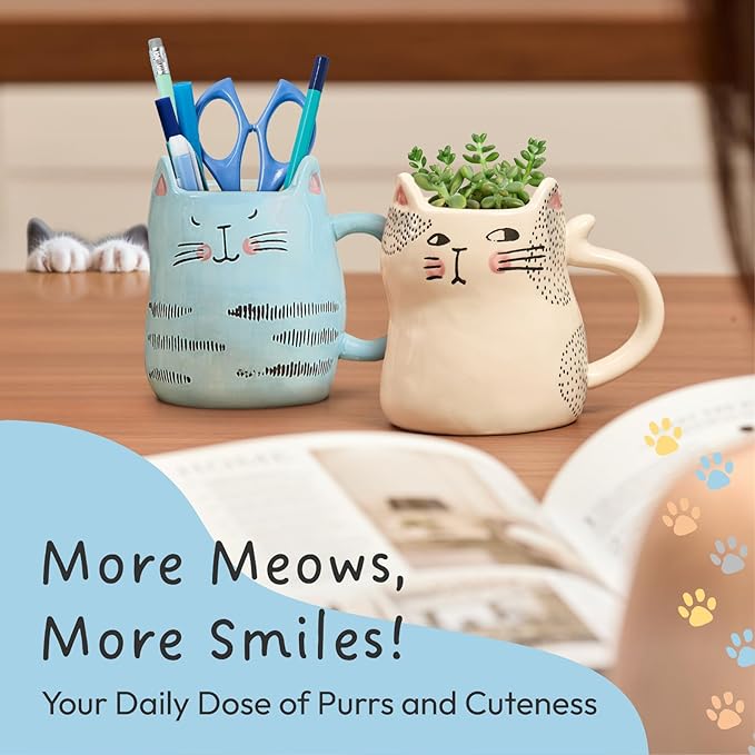 Bico Cartoon Cat Coffee Mugs Set of 4, Cute Ceramic Mugs with Unique Cats Faces, Stoneware Coffee Tea Mug Gifts for Cat Lovers, Women and Men, Microwave and Dishwasher Safe (10 oz)