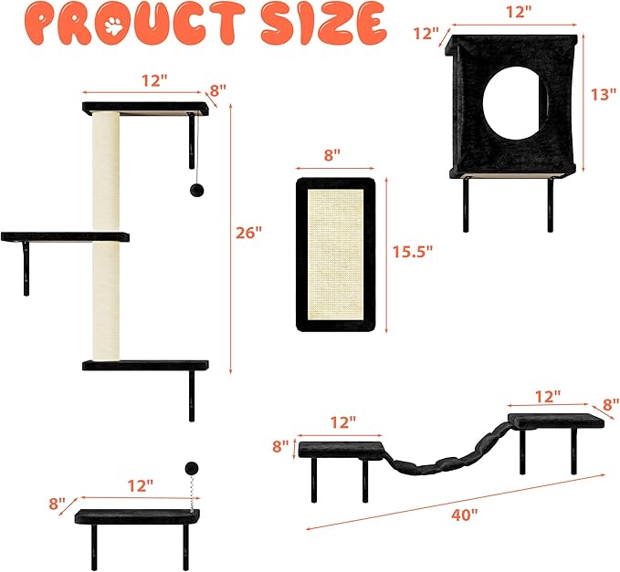 10 Pcs Cat Wall Shelves Set, Wall-Mounted Climber with Cat House, Scratching Post, Bridge, Hammock, Space-Saving Play Furniture, Black