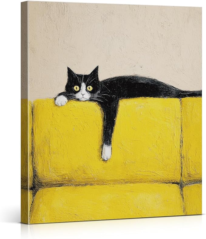 Vintage Black Cat Wall Art Decor Funny Kitten on Couch Print Picture Cat Lover Gifts Wall Decor for Home Living Room 8x10 Inch Canvas Framed