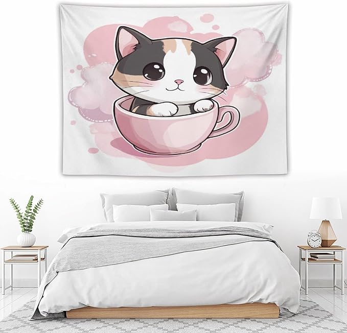 Tapestry's Wall Hanging Kawaii Cat Tapestry Pink Smile Kitten Cat Face Meow Bedroom Tapestries for Bedroom Aesthetic Home Decor 60"x80" Wall Hanging for Home Decor Bedroom Living Room Dorm Decor