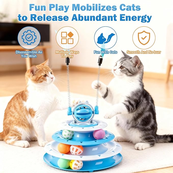Cat Turntable Toy Ball - Interactive Kitten Toys & Toys for Indoor Cats with 6 Colorful Balls & 2 Cat Teaser Wands, Fun Mental & Physical Exercise Puzzle Plaything for Kitty Kitten to Play (Blue)