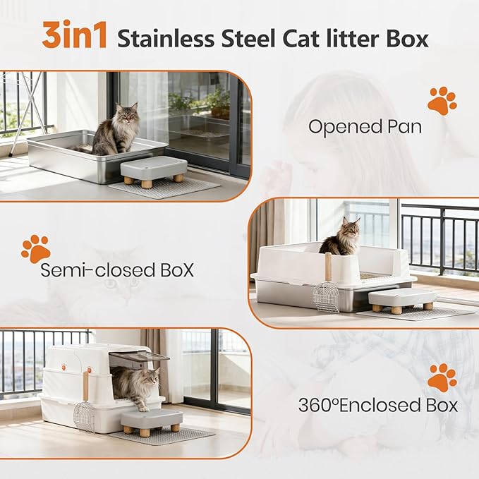 Stainless Steel Litter Box with Lid, 28" Extra Large Cat Litter Pan, Enclosed Metal Litter Box with Litter Scoop & Filter Pedal, Anti-Leakage, Odor Free, Non-Sticky, Anti-Leakage, Easy Cleaning