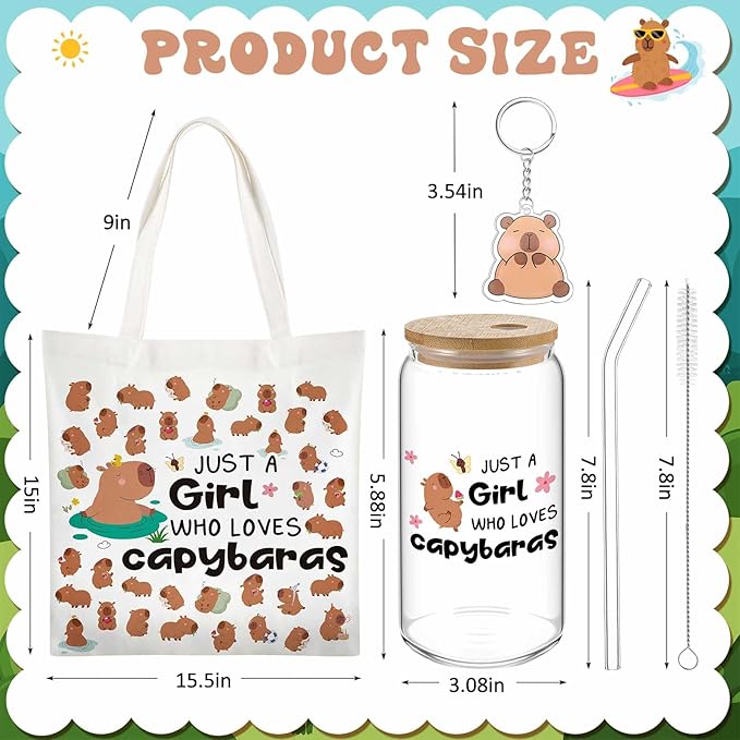 Paterr 4 Pcs Capybara Gifts for Women Mom, Capybaras Lovers Gifts for Mother's Day Birthday Decorations, with Canvas Tote Bag 16oz Glass Coffee Cup with Straw Socks Cute Keychain