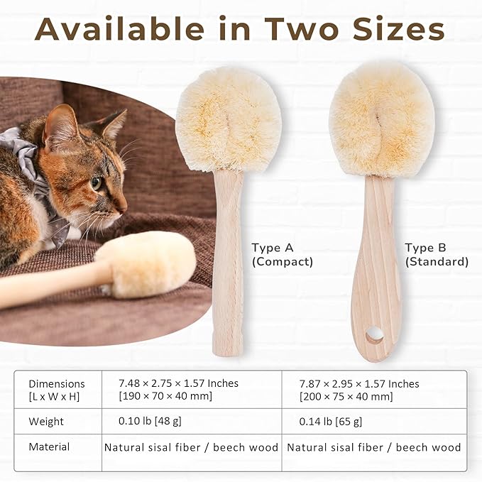 Cat Brush for Indoor Cats – Soft Gentle Natural Sisal Cat Grooming Brush & Cat Massage Brush, Collects Loose Surface Fur (Not a Heavy Deshedding Tool), Handmade in Japan (Type-A)