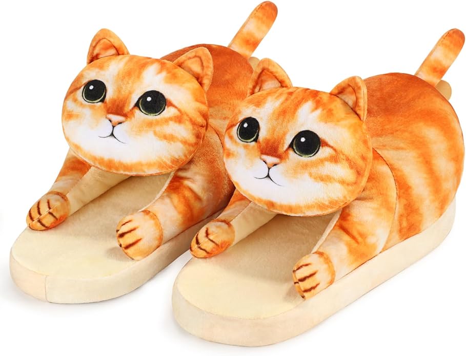 Funny Cat Slippers for Women,Fuzzy Animal Indoor House Shoes with Soft Memory Foam,Comfy Plush Warm Slip-on Slippers,Cat Gifts for Cat Lover
