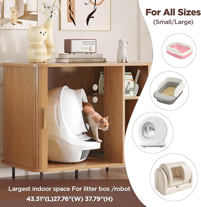 Large Litter Box Enclosure with Charging Station for Automatic Litter Box & Cat Robot 3/4, Hidden Litter Box Furniture with Dog-Proof Shelf, Scratch Pad, Wooden Cat Box Enclosure, Natural