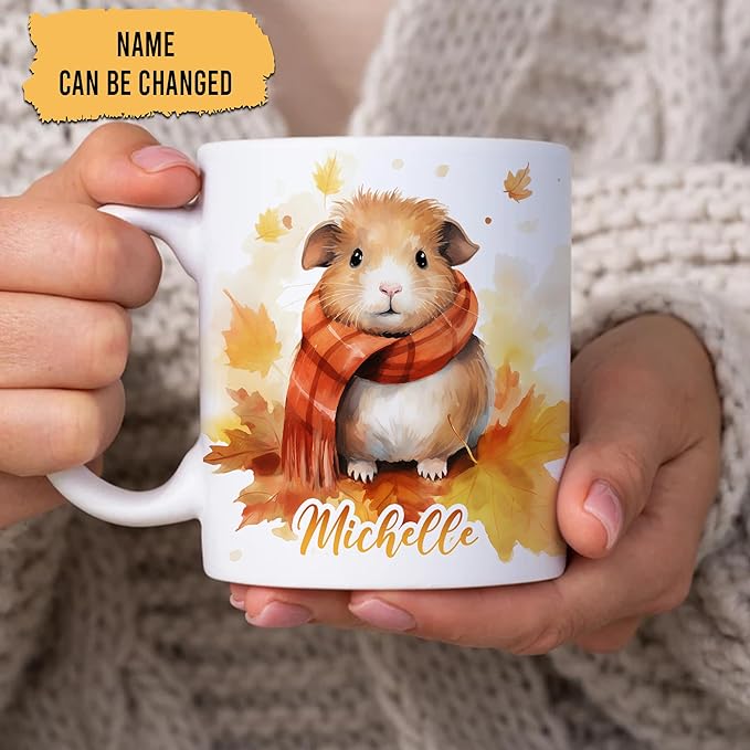 Hyturtle Personalized Fall Guinea Pig Coffee Mug - Birthday Gifts For Guinea Pig Lovers - Fall Autumn Decor Gifts For Farmhouse Thanksgiving - Custom Name 11oz White Ceramic Coffee Tea Mug