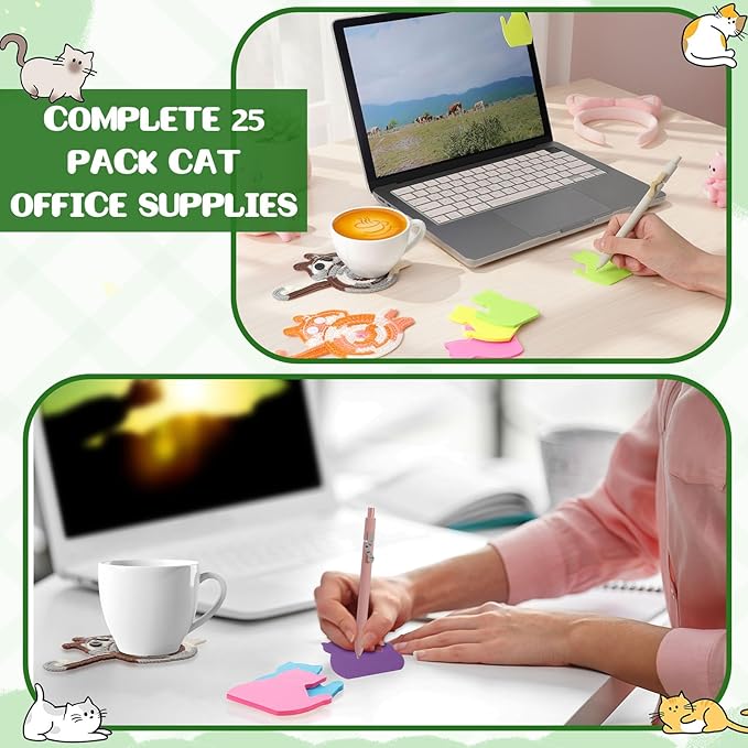 Cat Lover Gift Set for Women, 25 Pack with Tote Bag, Socks, Pens, Sticky Notes, Paper Clips and Crochet Coasters, Teacher Appreciation Gifts for Women, End of School Year
