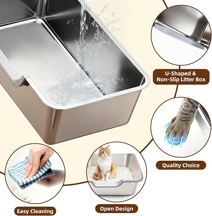 Stainless Steel Cat Litter Box, Steel Litter Pan with Curved Low Entry, Leak Proof 6 Inch High Side for Urine, Easy Entry for Kittens Older Cats, No Slip, 23.6" x 15.7" x 7.9", Silver