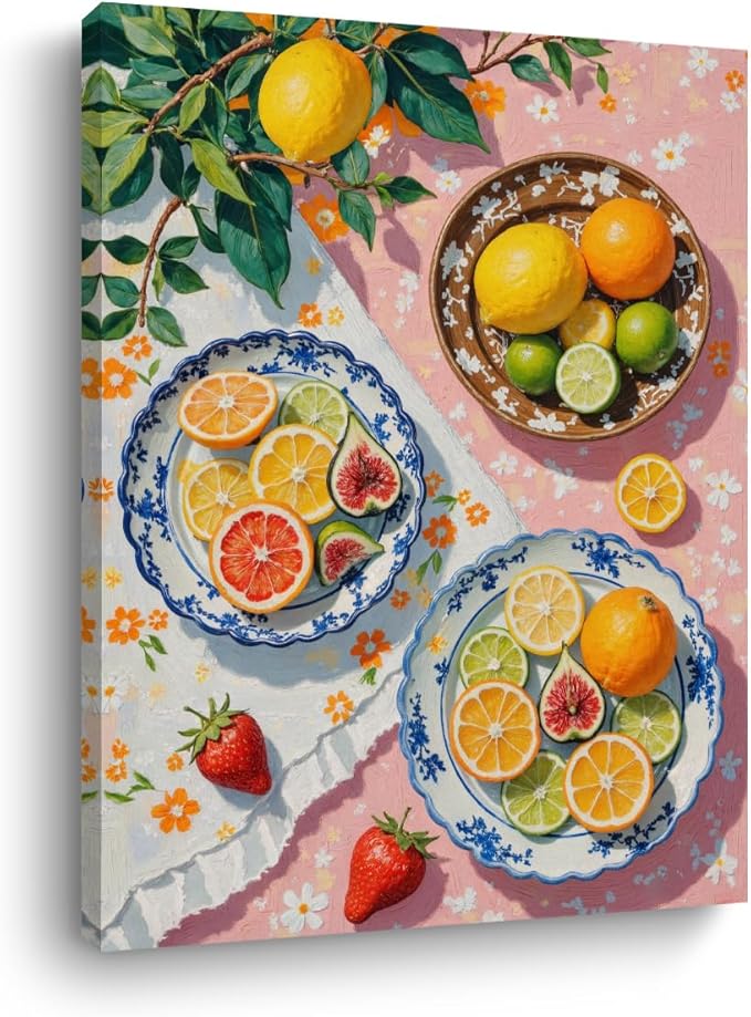 Italian Lemon Wall Art, Citrus Fruits Theme Oil Painting Framed Canvas Print Summer Room Decor, Rustic Lemon Orange Painting for Living Room Kitchen Dining Room Restaurant Decor 15x11.4 inch