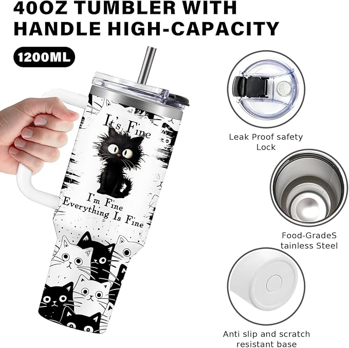 Cat Lover Gifts, Gift for Cats Lovers Women Men Girls Funny 40oz Black Cats Themed Tumbler Cups with Handle - Everything Is Fine Mug, Christmas Birthday Gift for Black Cat Mom Lady Gifts Cup