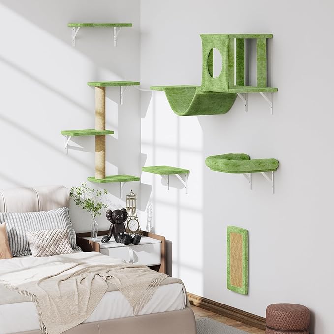 6-in-1 Cat Wall Shelves, Wall Mounted Cat Climber with Condo House, Scratching Post, Bridge Ladder, Space-Saving Indoor Play Furniture for Kittens, Green