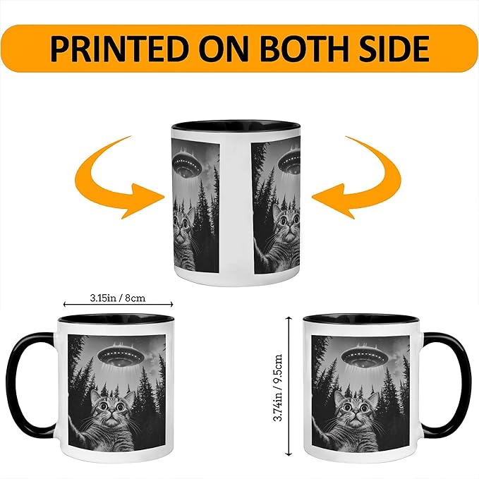 Funny Cat Selfie With UFO Alien Coffee Mug - Gifts for Cat Lovers, Mom, Dad, Owner, Lady - Birthday, Halloween, Christmas - Humor Sarcastic 11OZ Mug