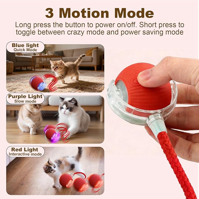 Interactive Cat Dog Toys, Electric Automatic Moving for Bored Indoor Adult Cats, Smart Rolling Ball with 3 Modes(Fast Rolling,Chirping & Motion-Activated) for Pet, Fun Gift for Cats with Speedy Tail