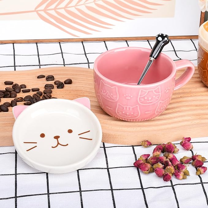 Cute Cat Coffee Mug with Lid,Animal Tea Cup with Saucer Set,Kawaii Ceramic Mugs with Biscuit Holder and Spoon,Gifts for Women,Teacher,Friend,for Mothers Day,Easter,Christmas (Pink Cat)