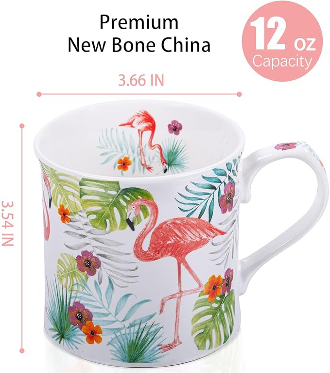 Flamingo Coffee Mug, Pink Flamingo & Tropical Plants Ceramic Mug, 12oz New Bone China Tea Mug, Birthday & Valentine’s Day Gift for Women & Girls, Designed in England by Harvest Green Studio