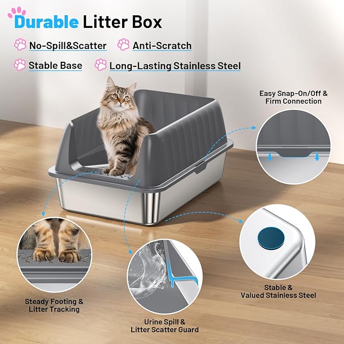Stainless Steel Litter Box Enclosed Cat Litter Box with High Sided Lid Odor Control Non-Stick Easy Clean Low Entry Anti-Tracking Litter Box for Kittens & Small Cats