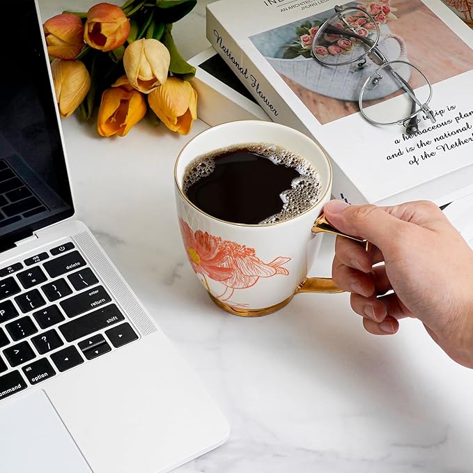Ceramic Coffee Mug - 15 oz Tea Cup with Cosmos and Anemone Pattern, Porcelain Floral Mug for Home, Mother's Day Gift for Mom and Wife