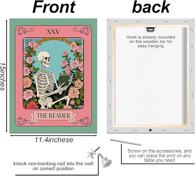 The Reader Tarot Card Wall Art, Funny Skeleton Wallpaper Artwork, Floral Framed Canvas Prints Whimsical Decor, Gothic Theme Prints for Living Room Entryway Bedroom Book Shelf 15x11.4 inch