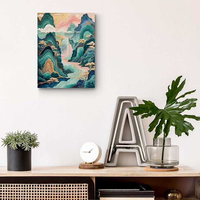 Waterfall Print Japanese Wall Art, Housewarming Gifts, Nature Landscape Framed Canvas Painting Room Decor, Vintage Aesthetic Painting for Living Room Entryway Office Bedroom Decoration 15x11.4 inch