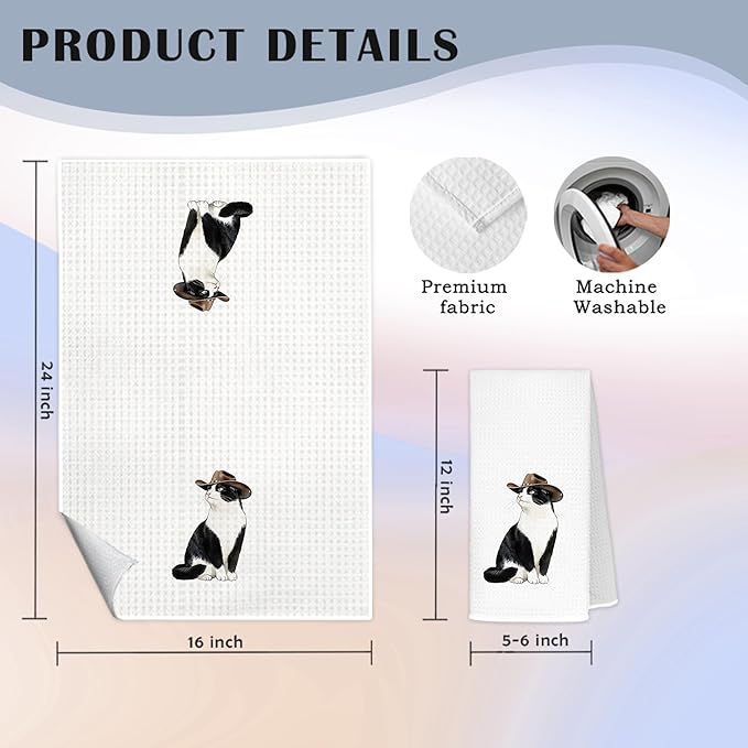 Funny Cowboy Tuxedo Cat Kitchen Towels, Tuxedo Cat Gifts Dish Tea Towels for Kitchen, Western Black and White Kitten Kitty Decorative Hand Towels for Bathroom Restroom Washroom, 16x24 Inch