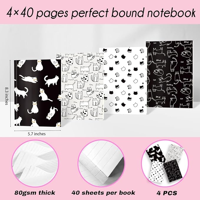 Cat Notebooks for Work, 4 Pcs A5(8.26x5.7inch) College Ruled Notebook Journal for Women, Cute Notepads Lined Journals for Writing, Cute Diary Stationary Cat Lover Gifts 3