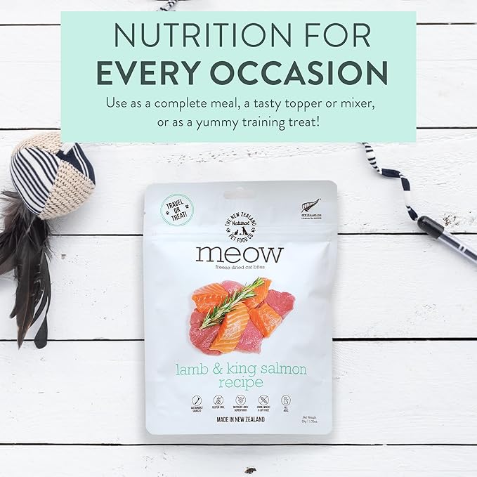 The New Zealand Natural Pet Food Co. Meow Freeze Dried Cat Food - Lamb & King Salmon Recipe,High Protein Treats,Meals & Toppers,Dry Food,1.76oz