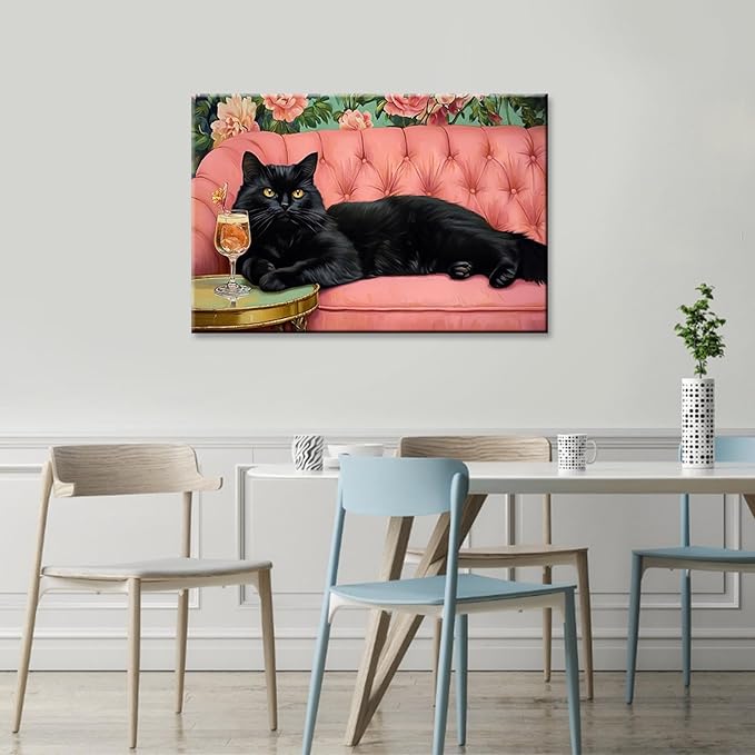 Black Cat With Martini Wrapped Framed Print Poster Pet Art Bar Cart Decor Cat Lover Gift Wall Art Room Decor Aesthetics Ready To Hang 16X24 inch