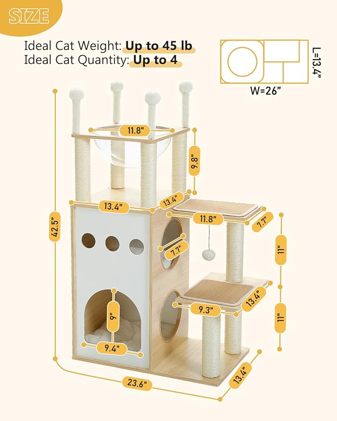 MUTTROS 42.5" Modern Wooden Cat Tree with 2-Story Condo, Scratching Posts, Capsule Nest & Dangling Balls - Sky City Design Indoor Furniture for Cats, Beige