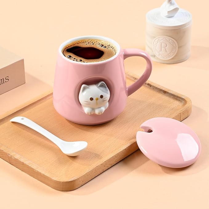 FrutPunch Ceramic Cute Coffee Mug, 12.8 oz Funny Coffee Mug with Lid and Spoon, Fun Gift for Women, Girls, Kids, Cat Lovers, Mothers Day
