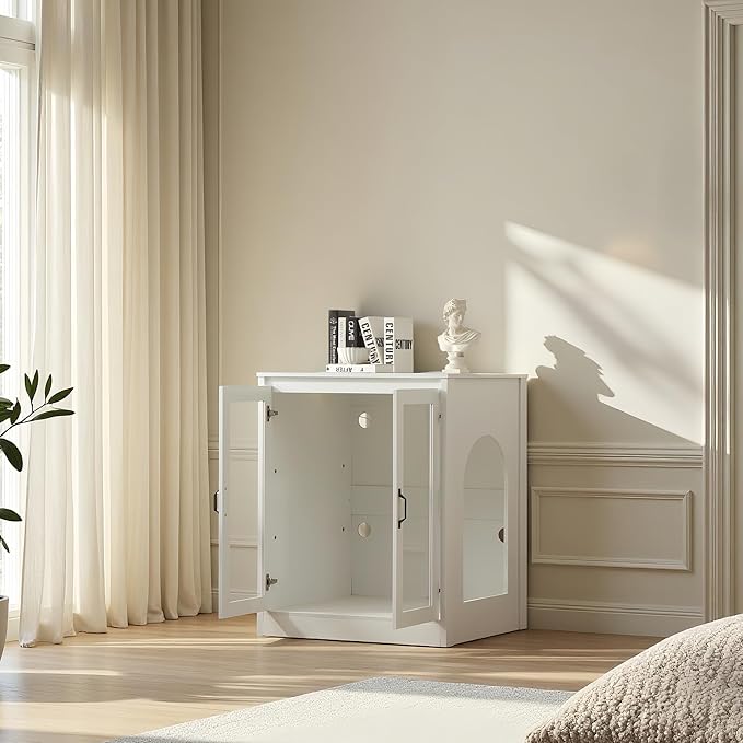 Cat Litter Enclosure with Cat-Viewing Glass Doors, Litter Cabinet with Power Outlet and Cozy LED Lights, Reversible and Optional Entry,White