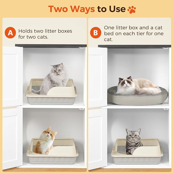 Litter Box Enclosure for 2 Cats, Hidden Litter Box Furniture with Scratch Pad, Double Litter Boxes Enclosure, Wooden Cat Washroom, Indoor Cat House End Table, White and Black CWBB3201