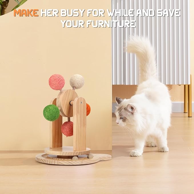 Cat Toy Ball Track,2-in-1 Interactive Cat Toy for Indoor Cats,Natural Sisal Ball with Solid Wooden Base,Spinning Ball Cats Scratcher Toy