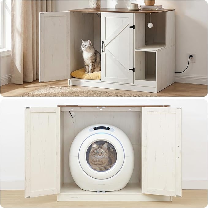 HOOBRO Farmhouse Cat Litter Box Enclosure, Automatic Cat Litter Box Cabinet with Charging Station, Hidden Cat Furniture with Hanging Ball & Sisal Mat, Tabletop & Hook, White and Walnut WH88UMW01