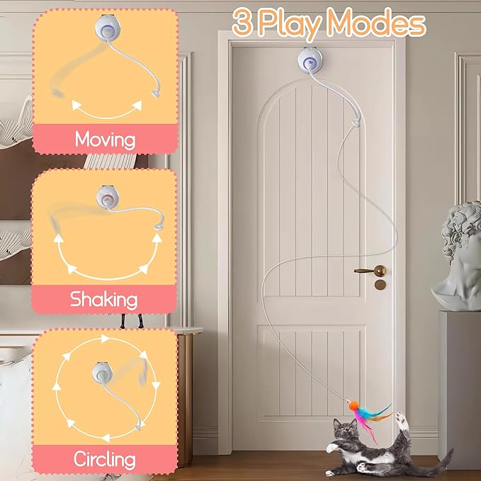 Automatic Door Hanging Cat Toy - Rechargeable Electric Feather Teaser Remote Control, 4 Replaceable Feathers, Interactive Exercise Toy for Indoor Cats & Kittens (White)