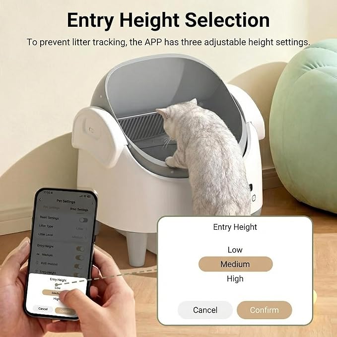 Automatic Self-Cleaning Cat Litter Box with Open-Top Design, App-Controlled Electric Litter Box for Multiple Cats, Adjustable Entry Height, Multi-Sensor Safety System, Includes 1 Roll Trash Bags